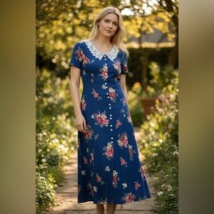 Vintage 90s Floral Flowy Button Front Maxi Dress Romantic Prairie Trad Wife
